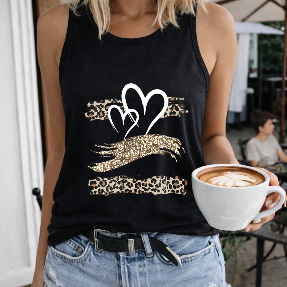 Heart Leopard Gold Stripe Crew-neck Sleeveless Vest Women's Color Cotton Tank Top in Black
