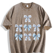 Toile Bow Blue Coquette Cute Ribbon Girly Girl Vintage Washed T-Shirt in Brown