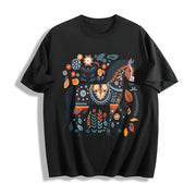 Bohemian Floral Horse One-piece Cotton T-Shirt in Black