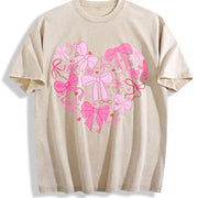 Coquette Valentine Heart Vintage Washed T-Shirt in Beige