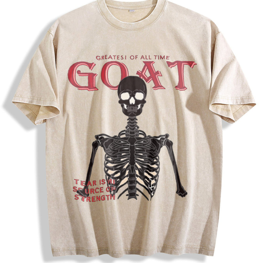 GOAT Skeleton Fire White Vintage Washed T-Shirt in Beige