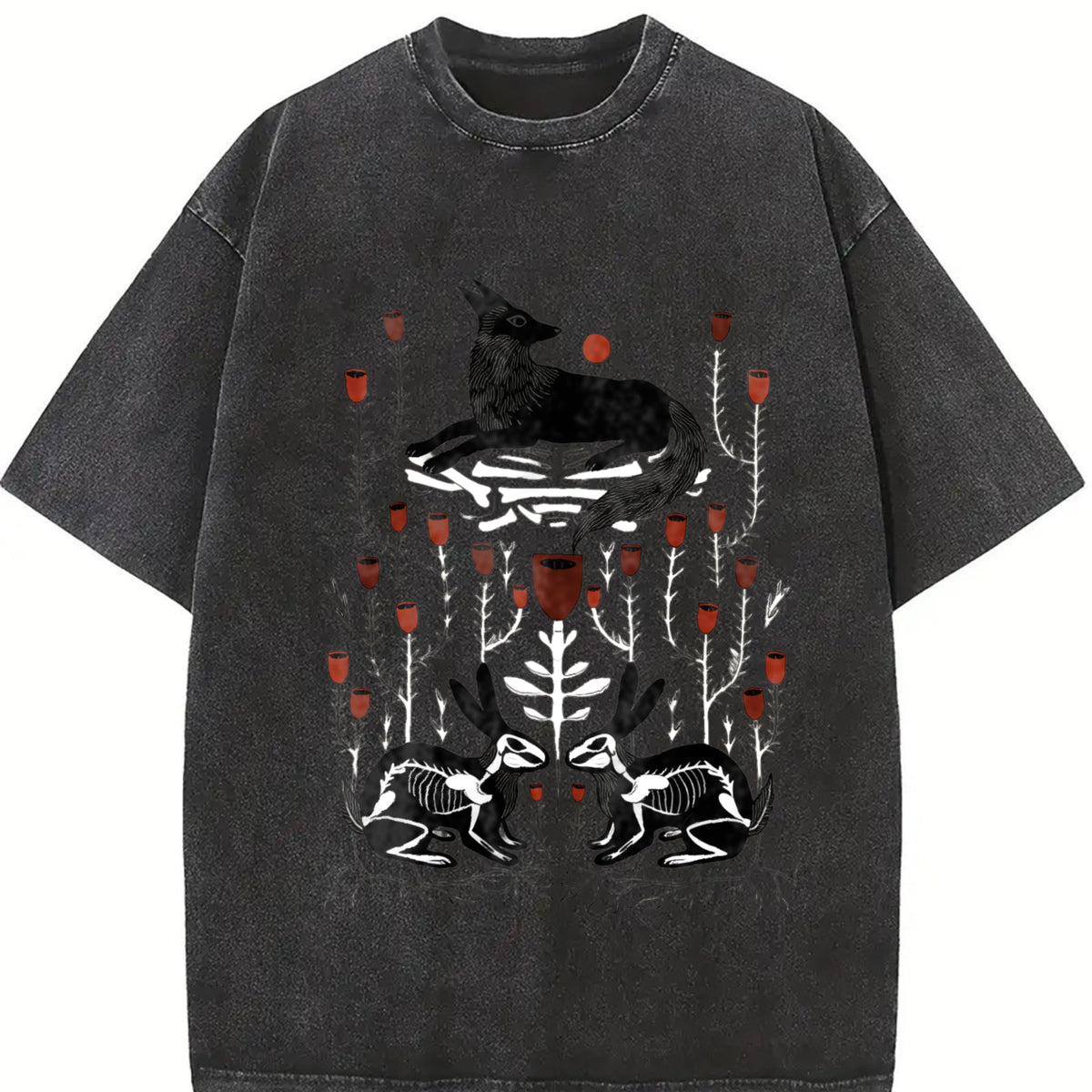 Fantasy Mysterious Floral Fox Skull Rabbit One-piece Vintage Washed T-Shirt in Black