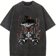 Fantasy Mysterious Floral Fox Skull Rabbit One-piece Vintage Washed T-Shirt in Black
