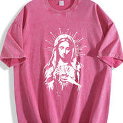Catholic Icon Guadalupe and Sacred Heart Vintage Washed T-Shirt in Red