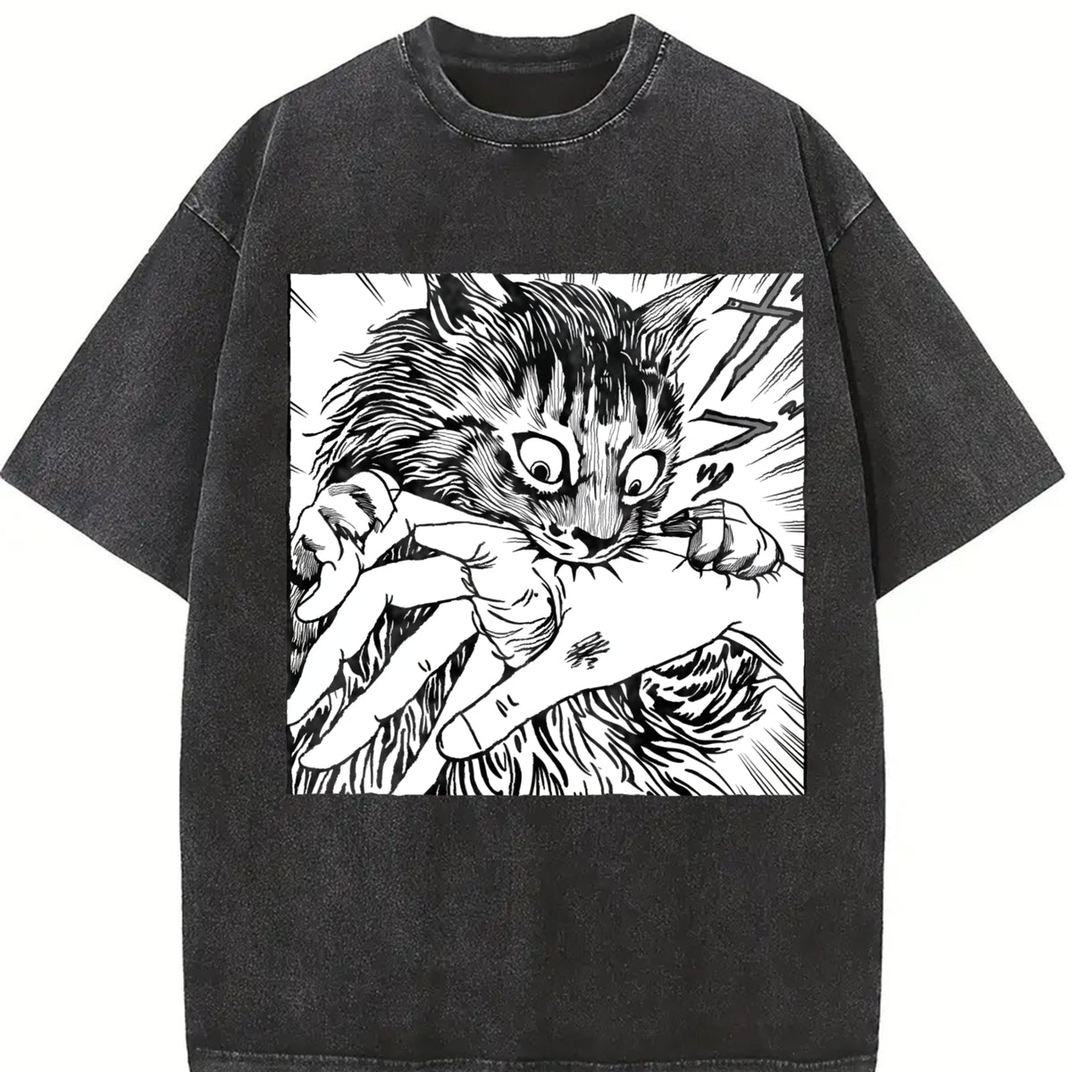 Cat Bite Japanese Horror Anime Vintage Washed T-Shirt in Black
