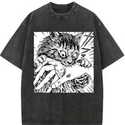 Cat Bite Japanese Horror Anime Vintage Washed T-Shirt in Black