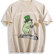 St Patricks Day Frog Off to Get Lucked Up Lucky Shamrock Vintage Washed T-Shirt in Beige
