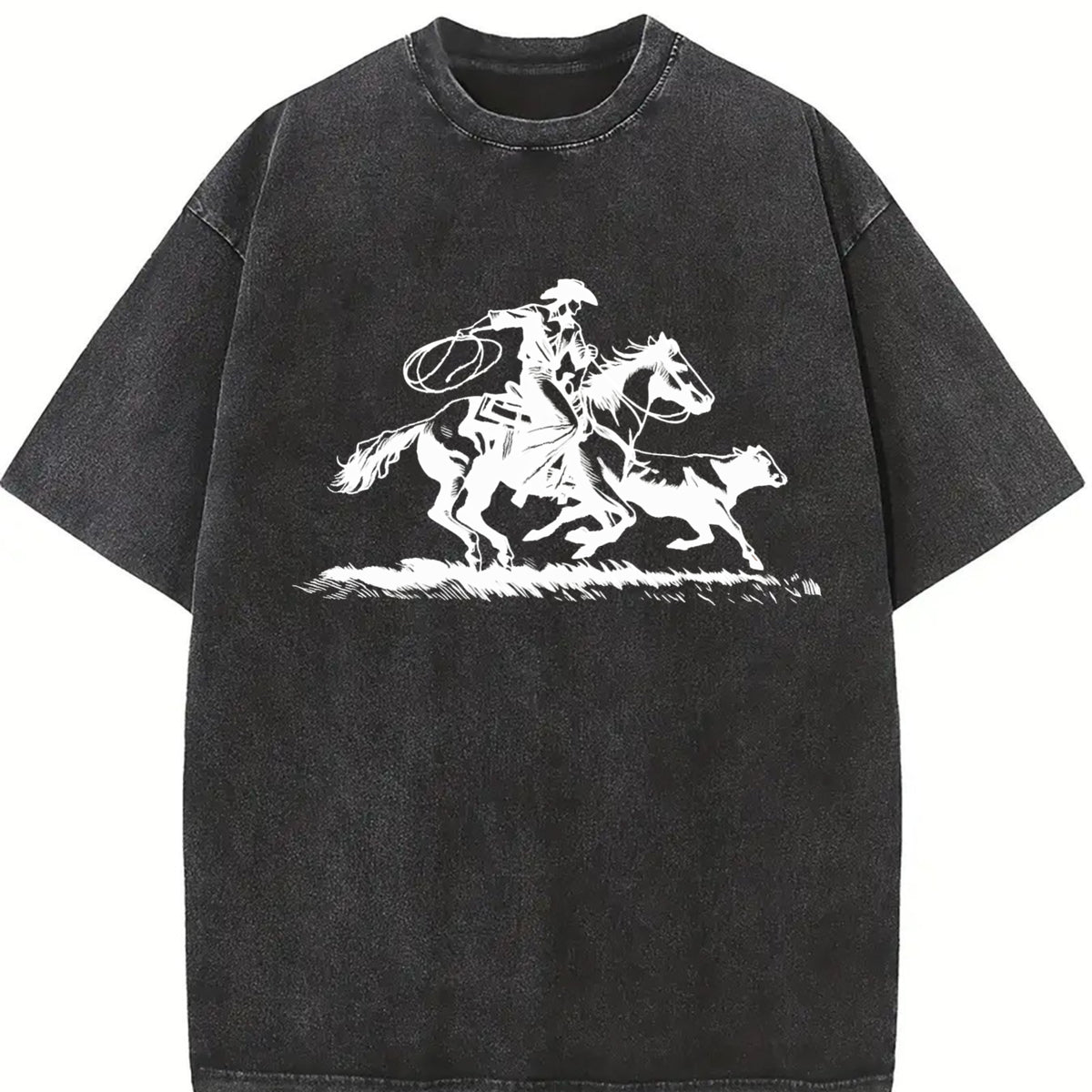 Cowboy Roping Western Retro Western Country Western Rodeo Vintage Washed T-Shirt in Black