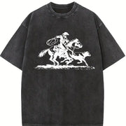 Cowboy Roping Western Retro Western Country Western Rodeo Vintage Washed T-Shirt in Black