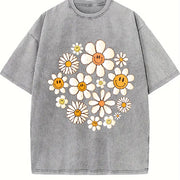 Retro Flowers Daisy Flower Vintage Washed T-Shirt in Gray