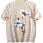 White Daisy Flowers Vintage Washed T-Shirt in Beige