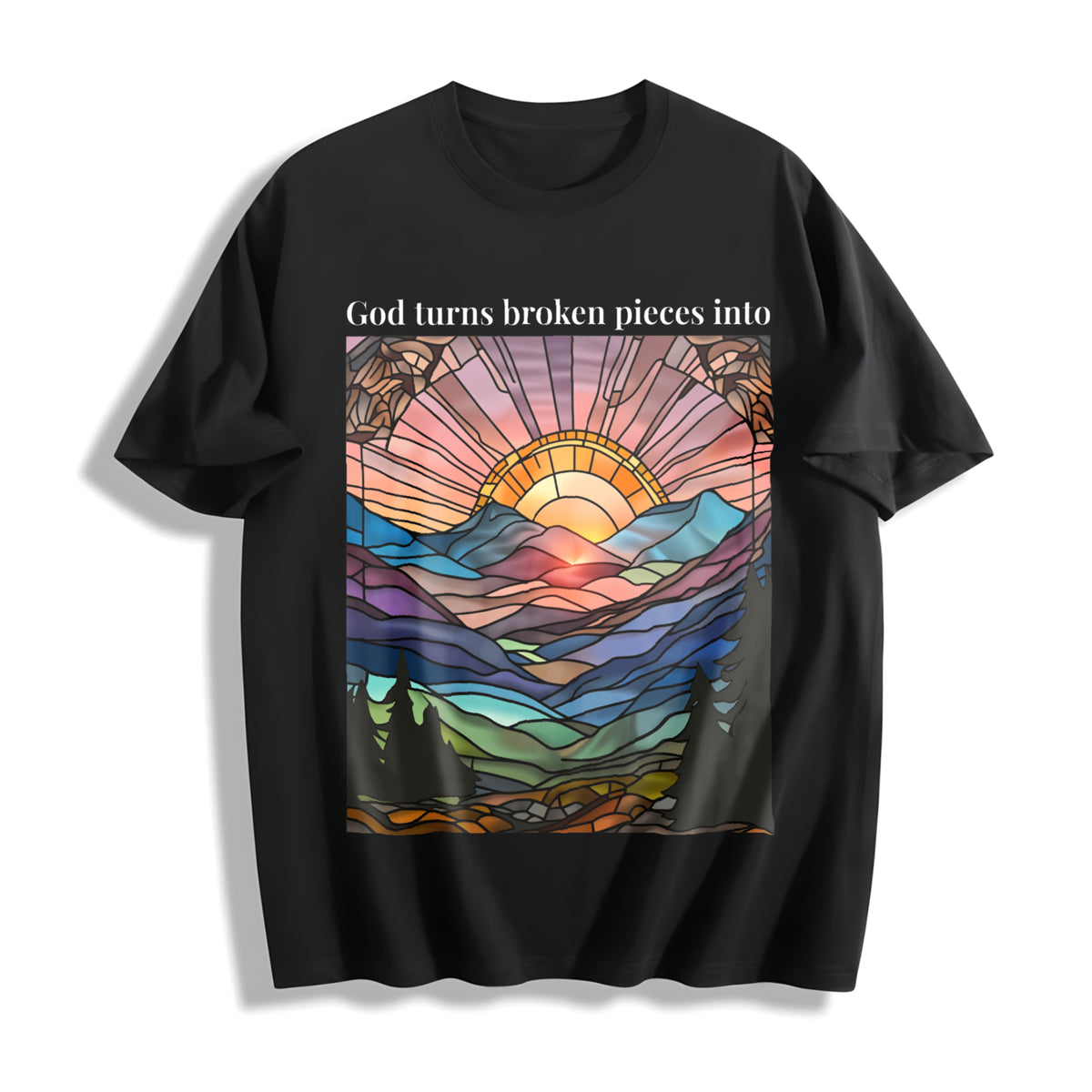 God Turns Broken Pieces Into Masterpieces Cotton T-Shirt in Black
