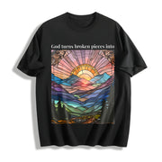God Turns Broken Pieces Into Masterpieces Cotton T-Shirt in Black