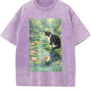 Monet Cat Art Water Lily Impressionist Vintage Washed T-Shirt in Purple