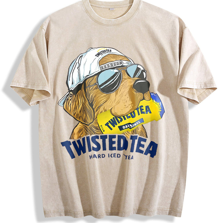 Twisted Tea Golden Retriever Dog Vintage Washed T-Shirt in Beige
