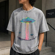 Retro Alien Abduction Vintage Washed T-Shirt in Gray
