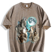Retro Howling Wolves Vintage Washed T-Shirt in Brown