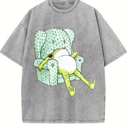 1pc Frog Sitting Sofa Vintage Washed T-Shirt in Gray