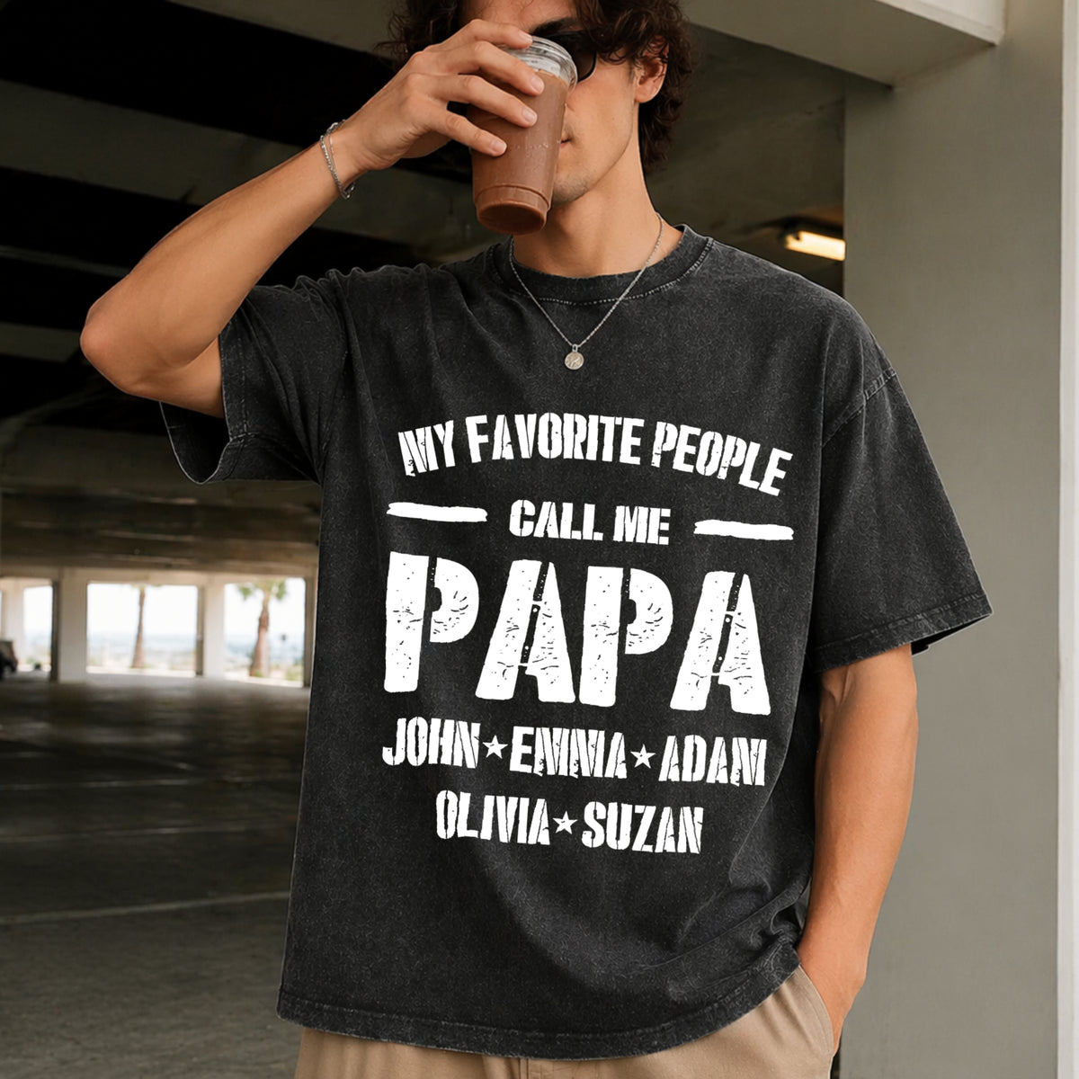 Custom Papa Personalized Grandpa from Grandkids Vintage Washed T-Shirt in Black