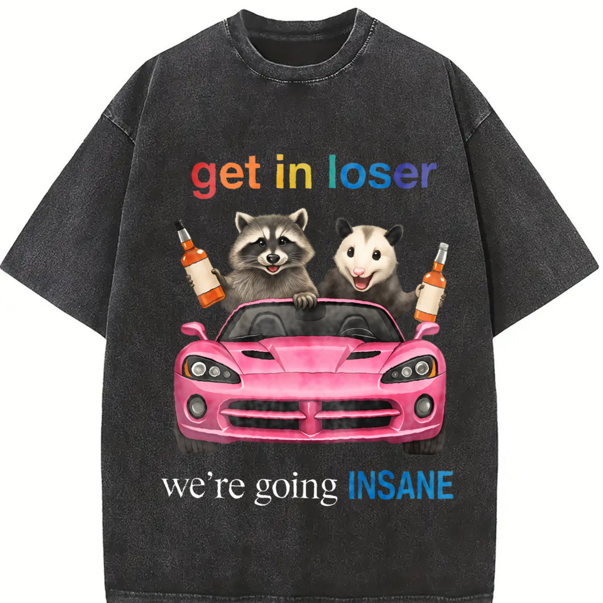 Raccoon Opossum: Get in Loser Meme Vintage Washed T-Shirt in Black