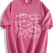 White Landscape Line Art Vintage Washed T-Shirt in Red