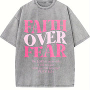 Faith Over Fear Jesus Christian Religious Sayings Bible Vintage Washed T-Shirt in Gray
