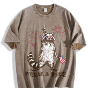And. Pure Raccoon Flag and Firework Patterns Vintage Washed T-Shirt in Brown