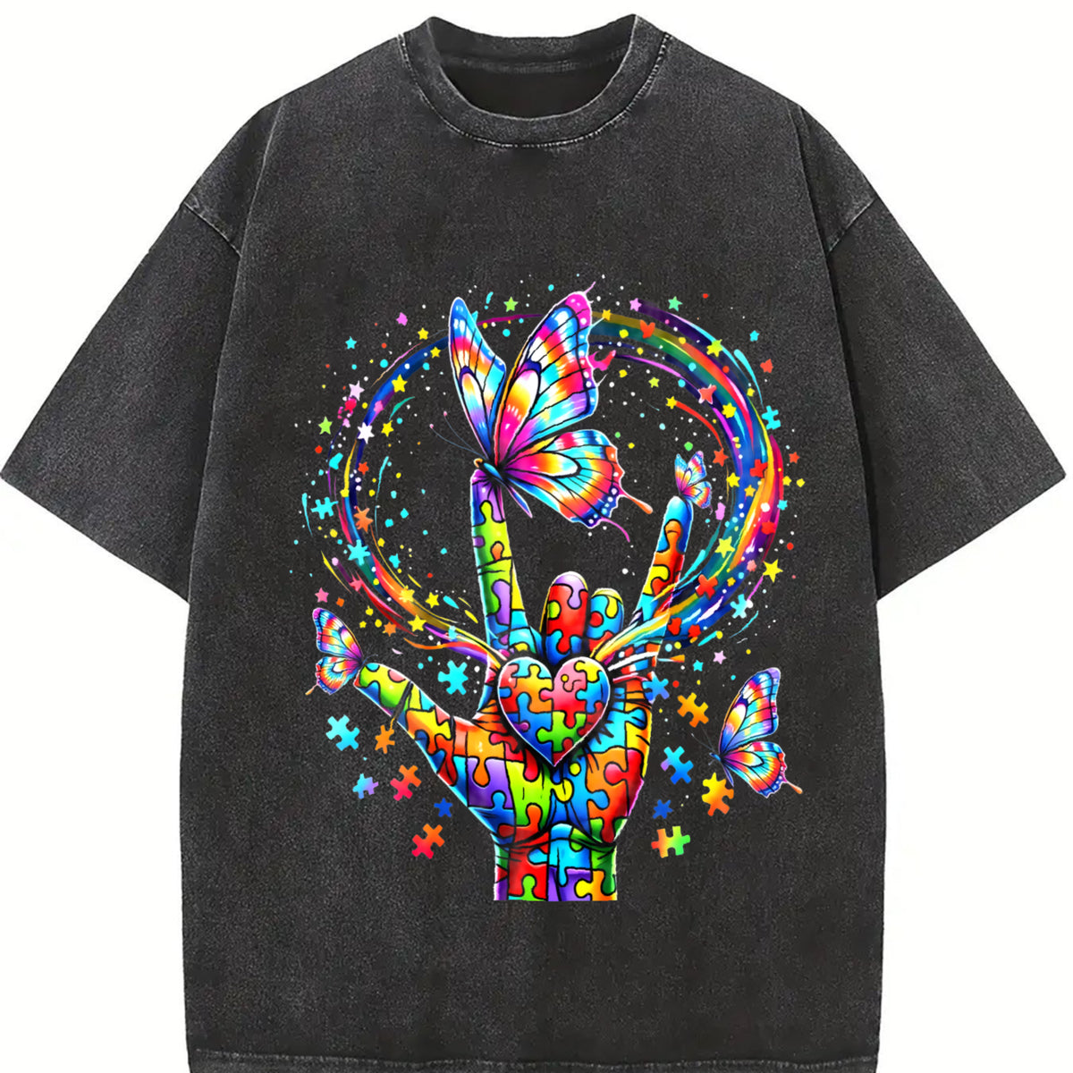 For the Urban Explorer & Grunge Vibes: Rainbow Hand Rock Vintage Washed T-Shirt in Black