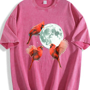 Red Cardinal Howling at Moon 90s Vintage Washed T-Shirt in Red