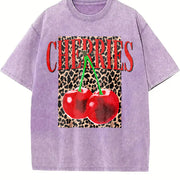 Fun Hip-Hop Leopard Cherry Letters Personalized Street vintage washed oversized T-shirt in Purple