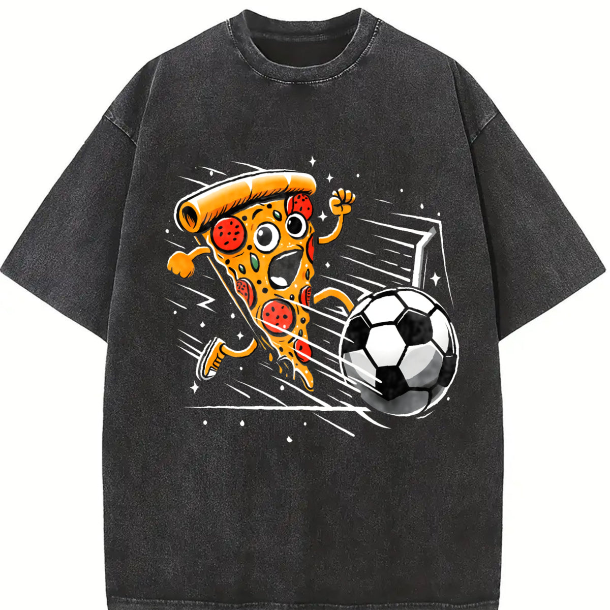 Pizza Playing Soccer Vintage Washed T-Shirt in Black