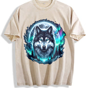 Retro Wolf at the Moon Vintage Washed T-Shirt in Beige
