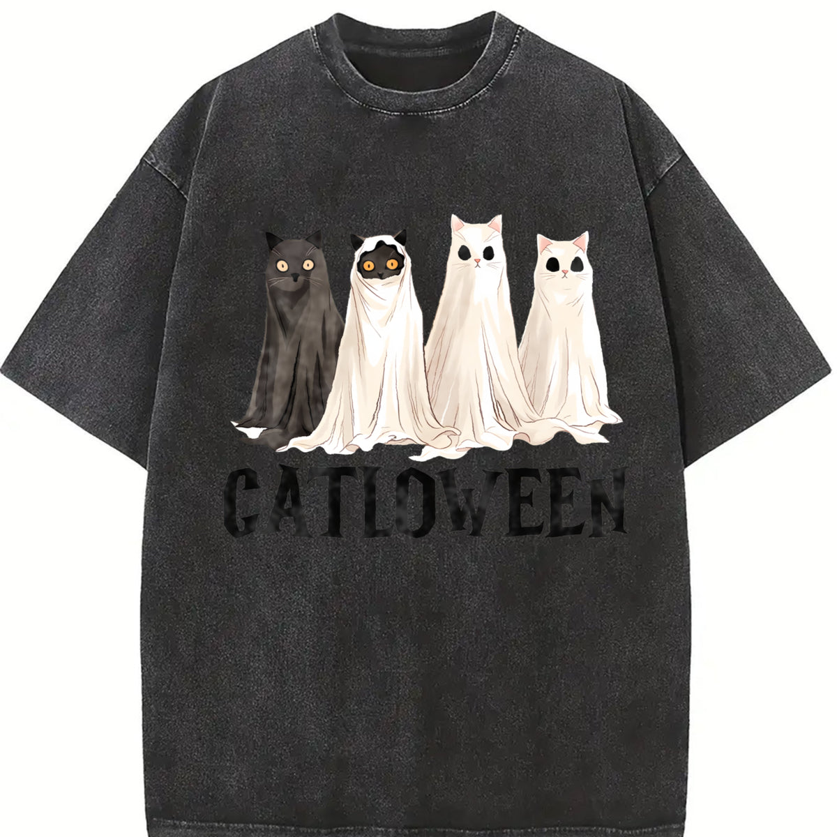 Catloween Cat Costume Vintage Washed T-Shirt in Black