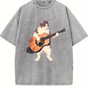 Guitar Cat Retro Music Cats Vintage Washed T-Shirt in Gray