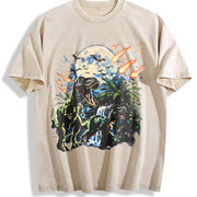 Dinosaur 90s Retro T-rex & Raptor Vintage Washed T-Shirt in Beige