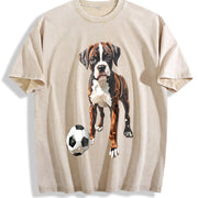 Boxer Dog Soccer Vintage Washed T-Shirt in Beige