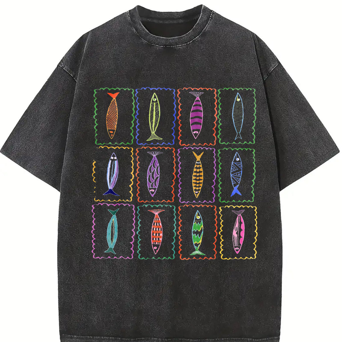 Sardines Tin Fish 90s Tomato Girl Ocean Coastal Grandma vintage washed oversized T-shirt in Black