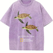 Go with the Flow Sea Turtle Ocean Nature Lover Boxy DTG Vintage Washed T-Shirt in Purple