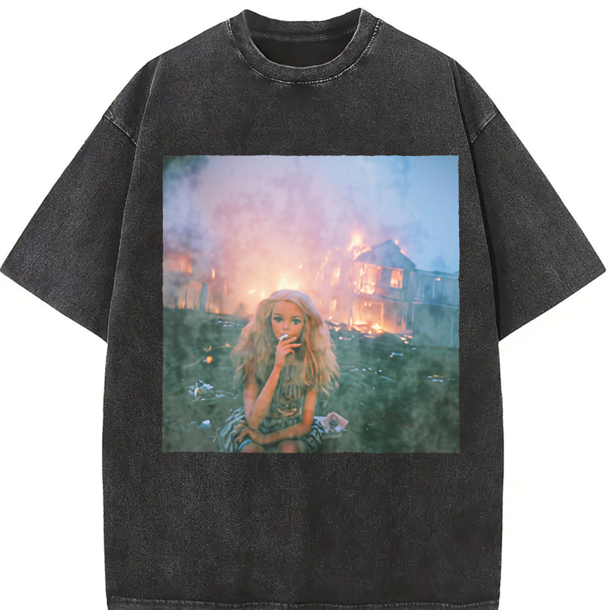 Glam Doll with a Fire Background Vintage Washed T-Shirt in Black