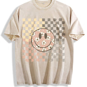Smiling Flower Checkered Retro Vintage Washed T-Shirt in Beige