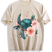 Floral Turtle & Peach Blossom Vintage Washed T-Shirt in Beige