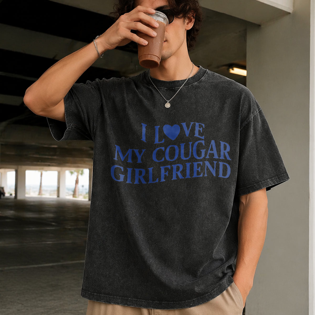 I Love My Cougar Girlfriend Vintage Washed T-Shirt in Black