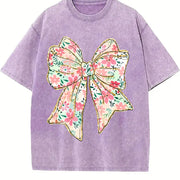 Coquette Bow Floral Bow Vintage Washed T-Shirt in Purple