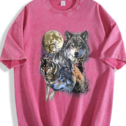 Wolf 90s Wolf Lovers Retro Moon Vintage Washed T-Shirt in Red