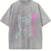 230gsm Blockbuster 80s Psychedelic Cat Vintage Washed T-Shirt in Gray