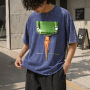 Green Paint Brush Vintage Washed T-Shirt in Blue