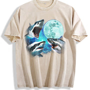 Three Sharks Retro Shark Moon Vintage Washed T-Shirt in Beige