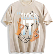 O'Clock It Hand Gesture Vintage Washed T-Shirt in Beige