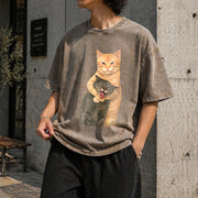 Cat Quarrel Moment Vintage Washed T-Shirt in Brown