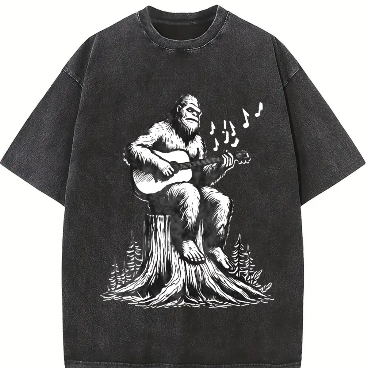 Retro Bigfoot Playing Guitar 90s Vintage Washed T-Shirt in Black